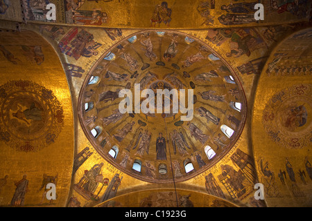 Ascension Dome 13th century golden byzantine illuminated mosaics in St Mark's Basilica di San Marco, interior, Venice, Veneto
