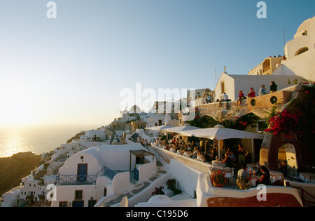 Tourists, view over Oia, Santorin, Cyclades Islands, Greece, Europe Stock Photo