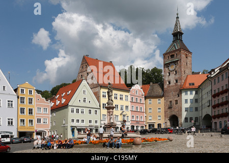 Main square with Schalzturm tower in Landsberg am Lech, Upper Bavaria, Bavaria, Germany, Europe Stock Photo