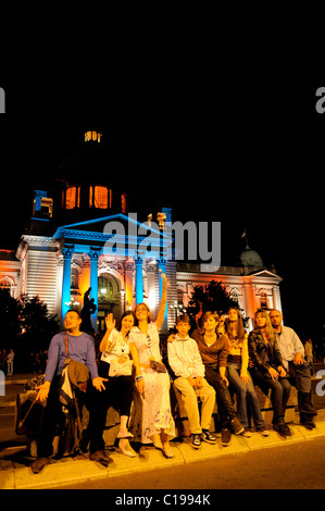 ESC Eurovision Song Contest Final, public viewing, town centre, parliament building in the back, Belgrade, Serbia, Europe Stock Photo