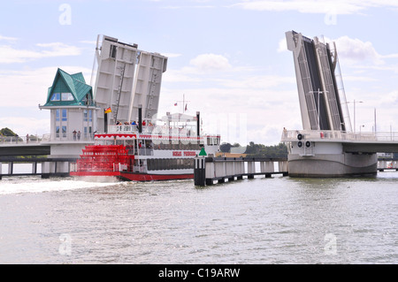 Paddle steamer on the Schlei inlet passing through the bascule bridge at the port in Kappeln, Schleswig-Holstein Stock Photo