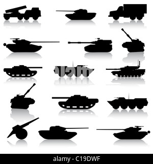 Collection set of tanks of guns and military technology Stock Photo