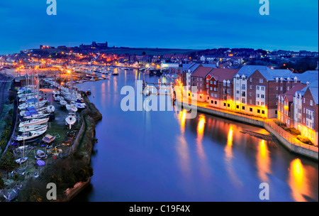 WHITBY, NORTH YORKSHIRE, UK - MARCH 17, 2010:  Whitby Harbour at night Stock Photo