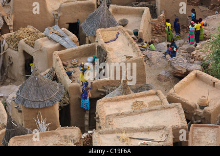 Aerial view of a part of the Dogon village of Yendouma , Bandiagara Escarpment . Mali Stock Photo