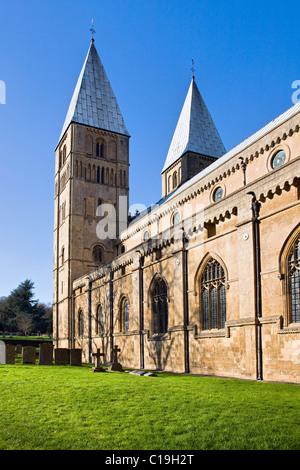 Southwell Minster in Nottinghamshire with its unusual pepper pot Romanesque towers unique in Britain Stock Photo