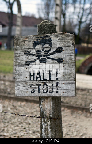 Halt Stoj sign at Auschwitz-Birkenau, Poland. Stock Photo