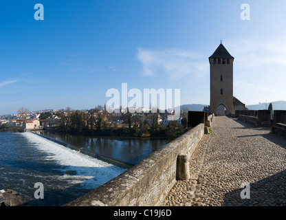 The medieval Pont Valentre over the River Lot, Cahors, The Lot, France Stock Photo