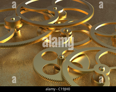 3D rendering of old golden gears background Stock Photo