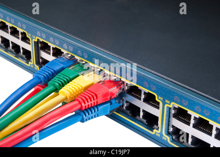 Bunch of Colored ethernet network cables connected to a switch isolated on white background. Top view Stock Photo