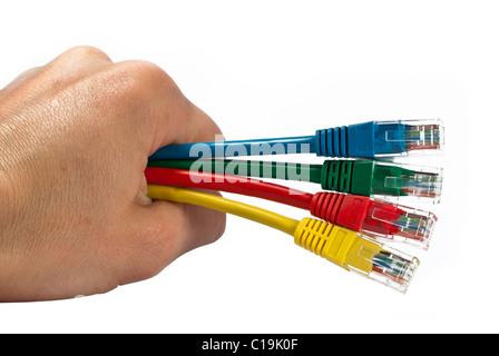 Hand holding four multi colored network cables isolated on white background Stock Photo