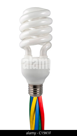 Colored cables attached to a fluorescent light bulb isolated on white background Stock Photo