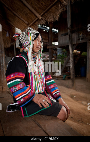 Akha woman traditional wearing dress at Ban Pilai, Chiang Dao, Chiang mai Stock Photo