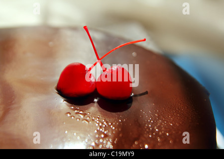 cherry and chocolate brownie cake macro perspective Stock Photo