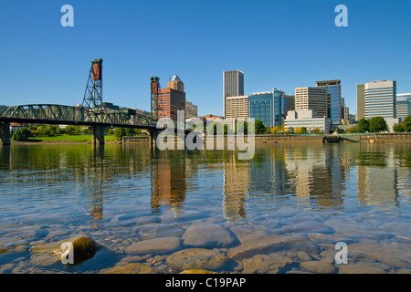 Portland Oregon Downtown Skyline and Hawthorne Bridge Reflection 2 Stock Photo