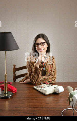 accountant secretary retro woman vintage office wooden table wallpaper Stock Photo