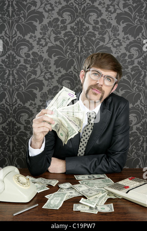 businessman nerd accountant dollar notes on vintage wallpaper office Stock Photo
