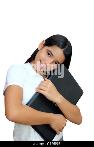 latin teenager brunette student hug laptop isolated on white Stock Photo