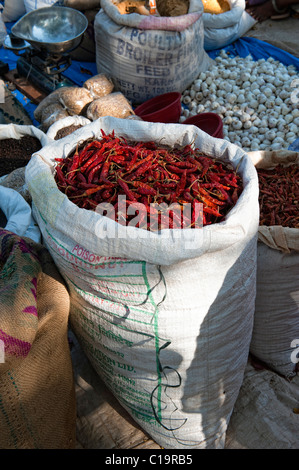 Sack of dried red chili at an Indian market Stock Photo