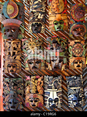 beautiful Mexican wooden mask handcrafted wood faces Stock Photo