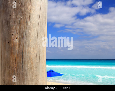 Caribbean tropical beach wood weathered pole on sea foreground