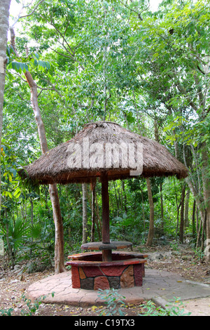 Jungle palapa hut sunroof in Mexico Mayan riviera traditional wood architecture Stock Photo