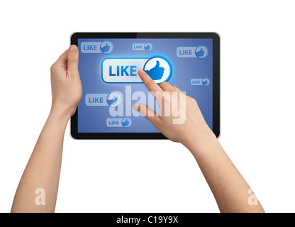 hand pressing LIKE button in tablet pc, isolated on white Stock Photo