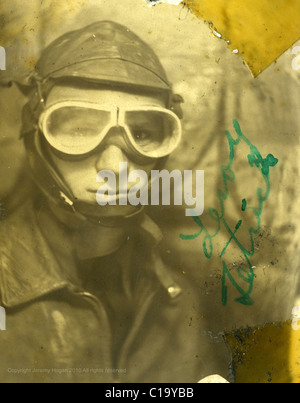 Photobooth portrait of airplane pilot crewman in the mid 1940s WWII era Indiana veteran man goggles flight aviation fighter Stock Photo