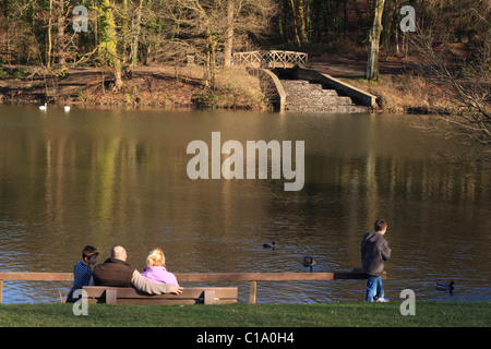 Family day out at Gnoll Country Park, Neath, overlooking Great Pond and Victorian formal cascades, on a sunny day in late Winter Stock Photo