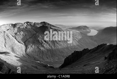Black and white shot of Lingmell, Scafell, Scafell Pike, Wasdale and Wastwater from Great Gable Stock Photo
