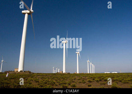 View of a young girl watching a field of windmills. Stock Photo