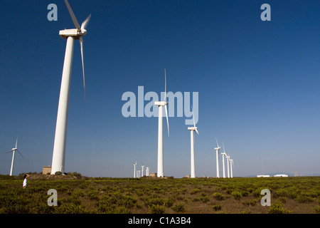 View of a young girl watching a field of windmills. Stock Photo