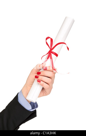 Diploma with a red ribbon in woman’s hand Stock Photo