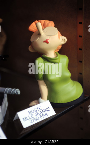 Belgium Brussels shop window of Multi BD in 126 Boulevard Anspach bust of Mlle Jeanne from Gaston Lagaffe comic strip by Stock Photo