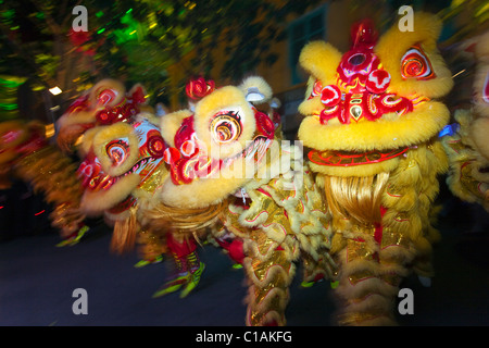 Lion dance performers during Chinese New Year.  Chinatown, Singapore Stock Photo