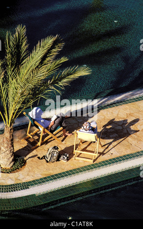 Tunisia, Southern Tunisia, Ksar Ghilane oasis, the swimming-pool of Ksar Ghilane hotel Stock Photo