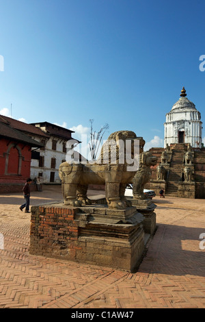 Ornamental lions in front of Fasidega Temple, Durbar Square, Bhaktapur,  UNESCO World Heritage site, Kathmandu Valley, Nepal, As Stock Photo