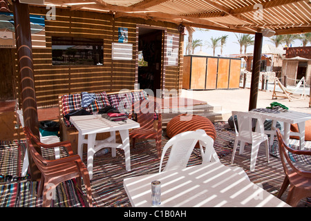 Chill out area outside the Kite Junkies huts. Stock Photo