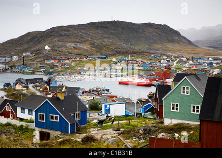 'M/S SARFAQ ITTUK' passenger vessel from 'Arctic Umiaq Line' at the harbor in Qaqortoq (Julianehåb), South Greenland Stock Photo