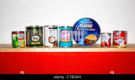 A row of tinned goods sit on a shelf Stock Photo