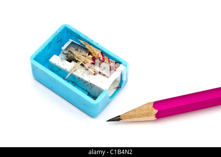 Pencil and sharpener isolated on white background Stock Photo