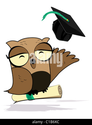 Wise Owl Holding Diploma is Throwing up a Cap Stock Photo