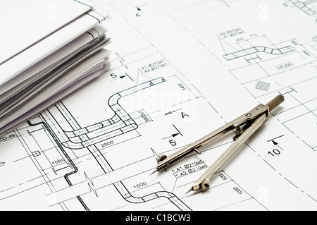 Project black and white blueprints and measurement tools on it. Russian standard design drawings Stock Photo