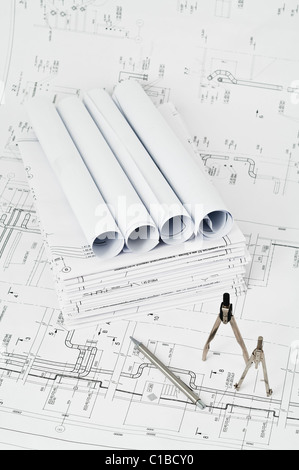 Project black and white blueprints and measurement tools on it. Russian standard design drawings Stock Photo