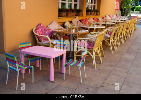 restaurant external outside chairs tables table set detail Mallorca Majorca Spain Balearic Stock Photo