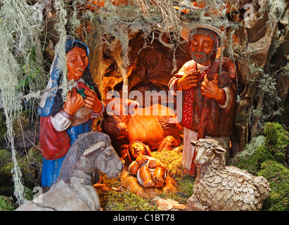 Nativity scene showing Mary, Joseph and baby Jesus Stock Photo