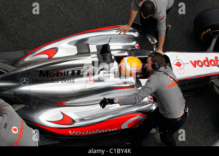 Formula One McLaren Mercedes driver Lewis Hamilton in the pit lane at Montmelo circuit, Barcelona, Spain 2011 Stock Photo