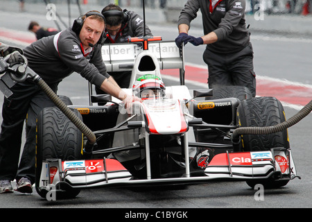 Sauber Formula One racing driver Sergio Perez in the pit lane at Montmelo circuit Barcelona, Spain 2011 Stock Photo