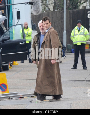 David Tennant and Bernard Cribbins filming on the set of the BBC's 'Doctor Who' Cardiff, Wales - 06.04.09 Stock Photo