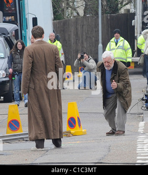 David Tennant and Bernard Cribbins filming on the set of the BBC's 'Doctor Who' Cardiff, Wales - 06.04.09 Stock Photo