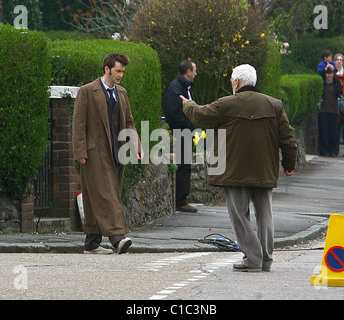 David Tennant and Bernard Cribbins filming on the set of the BBC's 'Doctor Who' Cardiff, Wales - 06.04.09 Stock Photo